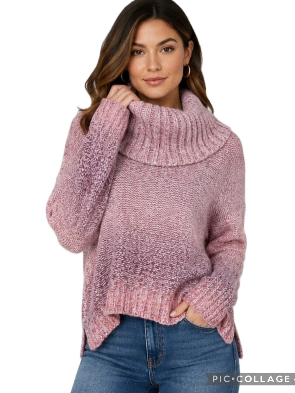 American Eagle Cozy Knitted Oversized Chunky Cowl Neck High-Low Ombré Sweater